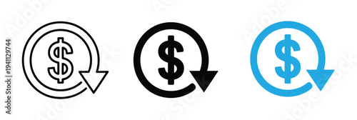 Modern flat and line art icon set featuring dollar currency symbol with circular arrows for financial exchange concept. Vector illustration