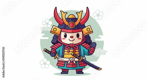 Cute Samurai Warrior Character with Swords and Cherry Blossoms