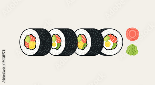 Delicious Sushi Rolls with Salmon, Avocado, and Egg, Served with Wasabi and Ginger