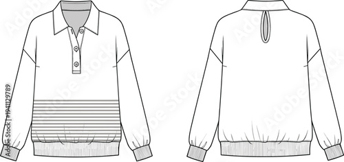 Technical fashion flat sketch of pullover top front and back view with collar, partial button placket, stripes, ribbed cuffs and hem