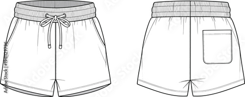 Technical fashion flat sketch of shorts front and back view with elastic waistband, drawstring tie, side pockets, patch pocket, curved hem