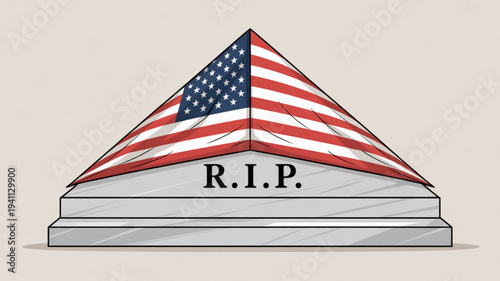 American flag draped on pyramid tombstone with rip on beige background