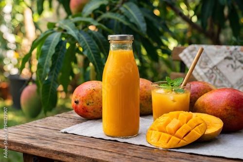 Fresh Mango Juice in Glass Bottle on Wooden Table in Tropical Garden Setting, AI generation 