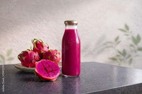 Vibrant Pink Dragon Fruit Smoothie in Glass Bottle on Stone Table Generative AI