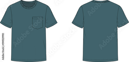 Technical fashion flat sketch of teal short-sleeved crew neck t-shirt with chest pocket front view and plain back design