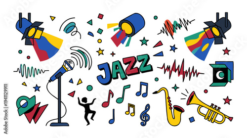 Vibrant doodle illustration depicting a jazz music concert or festival theme with instruments, spotlights, dancing silhouette, musical notes, and sound waves.