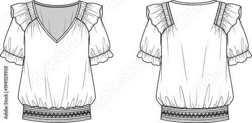 Technical fashion flat sketch of women’s blouse front and back view with puff sleeves, ruffle details, V-neckline, elastic waistband design