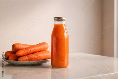 Fresh Organic Carrot Juice in a Glass Bottle for Healthy Nutrition Concept