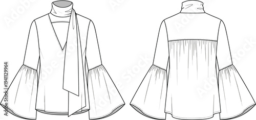 Technical fashion flat sketch of women’s blouse front and back view with scarf neckline tie, deep V-neck, flared bell sleeves, yoke detail