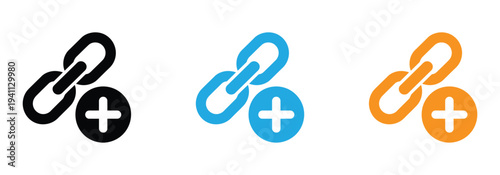abstract linked chain symbol with a plus sign in a circle icon graphic. Link Building Icon Black And White Chain Links With Plus Sign Vector Design. 