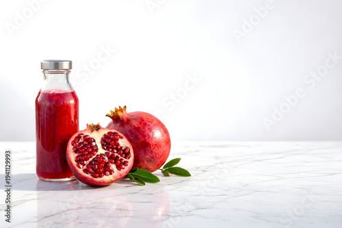 Fresh Pomegranate Juice in Glass Bottle on White Marble Table with Studio Lighting Generative AI
