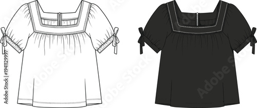 Technical fashion flat sketch of women’s blouse front and back view with square neckline, puff sleeves, bow cuffs, back zipper closure