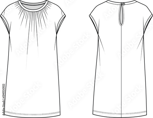 Technical fashion flat sketch of women’s dress tunic with gathered neckline, cap sleeves, keyhole back closure and garment construction details