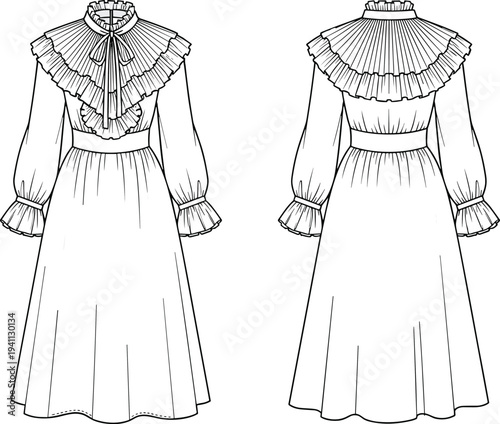 Technical fashion flat sketch of women’s long dress front and back view with ruffle neckline, bow tie, pleated details, voluminous sleeves