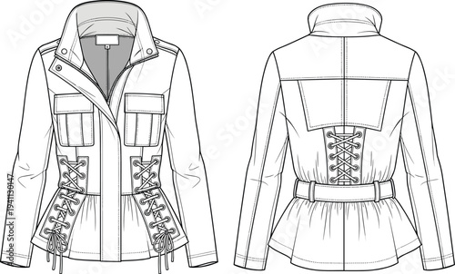 Technical fashion flat sketch of women’s jacket front and back view with high collar, zipper closure, flap pockets, lace-up waist detail