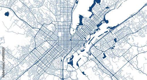 Aerial City Map Blueprint, Urban Grid Network, Blue Lines on White Background