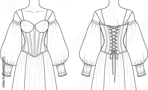Technical fashion illustration of women’s corset-style dress with puffed sleeves, lace-up back closure, gathered skirt and garment construction details