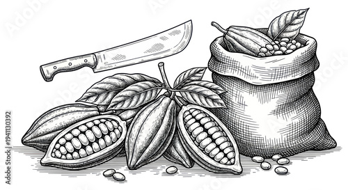 Cocoa beans, pods, and machete illustration with burlap sack, hand-drawn style