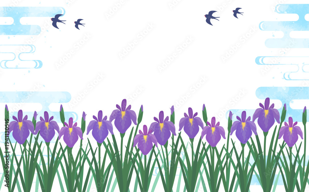 Naklejka premium 菖蒲と涼しげな水彩背景2_横