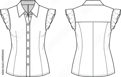 Women’s sleeveless blouse fashion illustration with pointed collar, button placket, ruffled cap sleeves, princess seams, tailored fit, front and back technical view