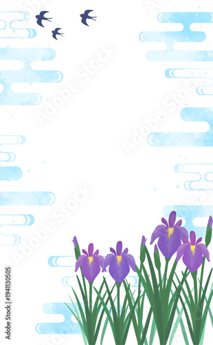 菖蒲と涼しげな水彩背景1_縦