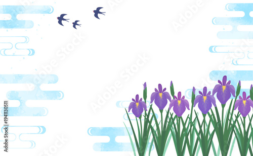 菖蒲と涼しげな水彩背景1_横