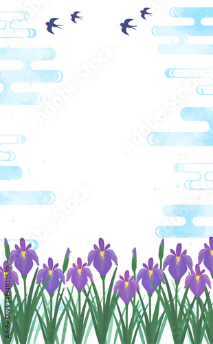 菖蒲と涼しげな水彩背景2_縦