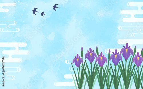 菖蒲と涼しげな水彩背景3_横