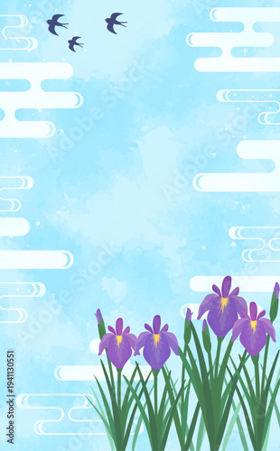 菖蒲と涼しげな水彩背景3_縦