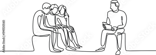 Single line art illustration of a group of three people sitting and listening to a person holding a document Keywords: group, people, sitting, listening, discussion, meeting, counseling