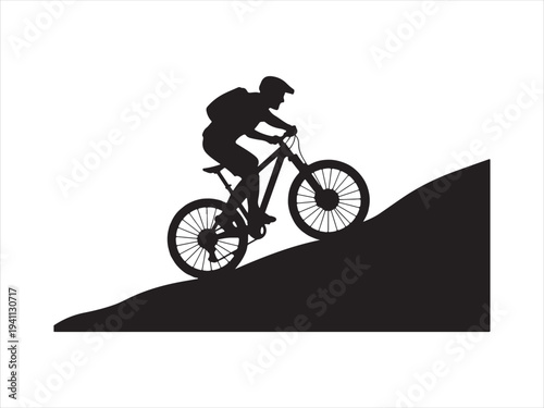 Vector cyclist silhouette riding uphill on mountain trail illustration design. Mountain biking silhouette rider climbing steep hill vector on white background