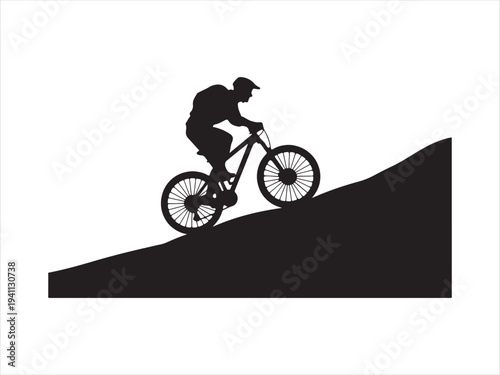 Vector cyclist silhouette riding uphill on mountain trail illustration design. Mountain biking silhouette rider climbing steep hill vector on white background