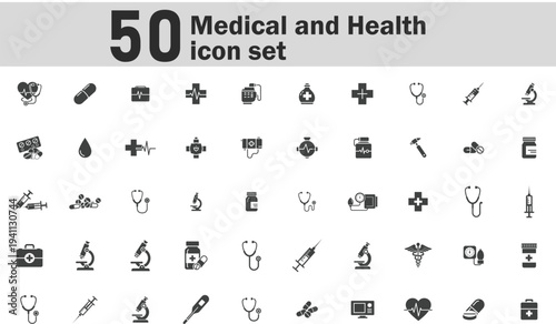 A set of 50 black medical and health icons on a white background