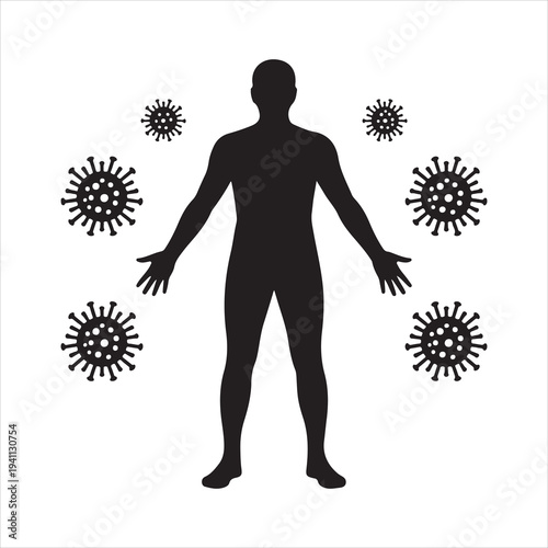 Silhouette of a person with a virus symbol, Human body fluid infection virus particles attacking cells 