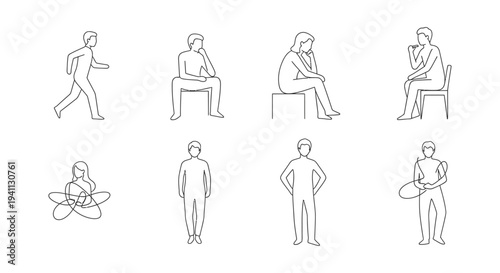 minimalist line art human figures in diverse poses illustrating actions like thinking walking and meditating perfect for conceptual design.