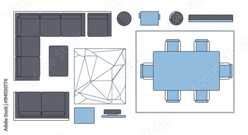 modern furniture floor plan showing living and dining room layouts from a top view ideal for interior design concepts and architectural planning