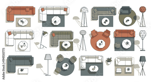 modern living room furniture sets from top view illustrating various interior design layouts and home decor concepts