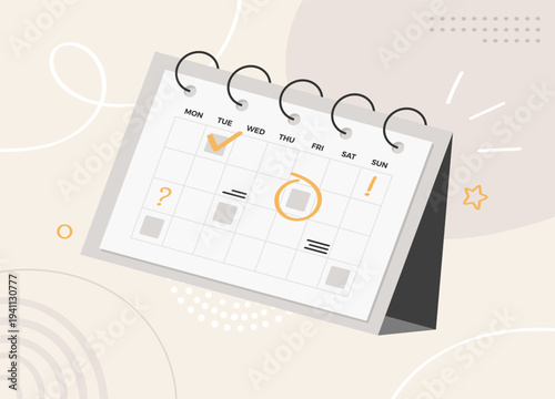 Desk calendar with ring binding and marked dates including checkmark and circle. Schedule and time management concept