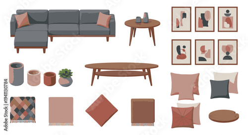 modern minimalist interior design elements set including a sofa tables art prints and cozy home decor items.