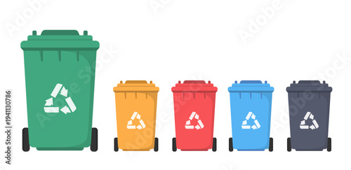 Colorful recycle bins with recycling symbol for waste sorting and environmental care