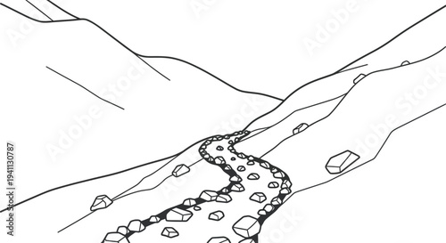 Simple line art drawing depicting a narrow winding river flowing through a deep rocky valley between sloping mountainsides.