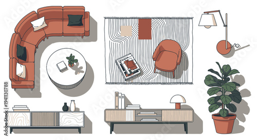 modern minimalist furniture and stylish interior decor elements flat lay illustration of contemporary living space design.