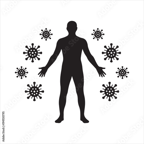 Silhouette of a person with a virus symbol, Human body fluid infection virus particles attacking cells 