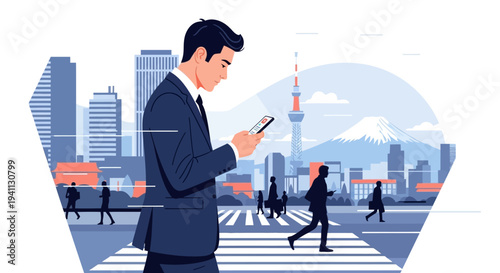 Businessman using smartphone on busy city street with Mount Fuji background