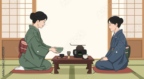 Japanese woman in kimono serving matcha tea in traditional tea ceremony