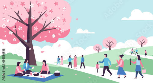 Spring picnic under cherry blossoms: people enjoying park festival, families relaxing outdoors