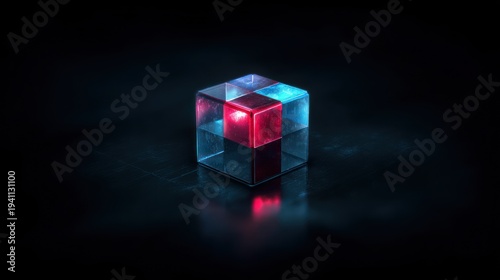 Glowing translucent cube with red and blue highlights on a dark, textured background