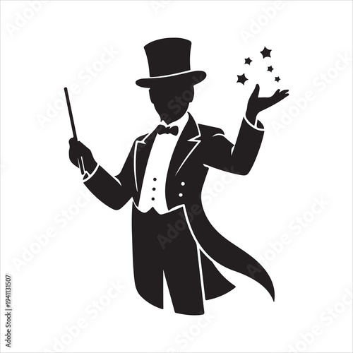Magician Performing Magic Trick Silhouette Vector Illustration. Elegant magician in top hat performing magic trick vector
