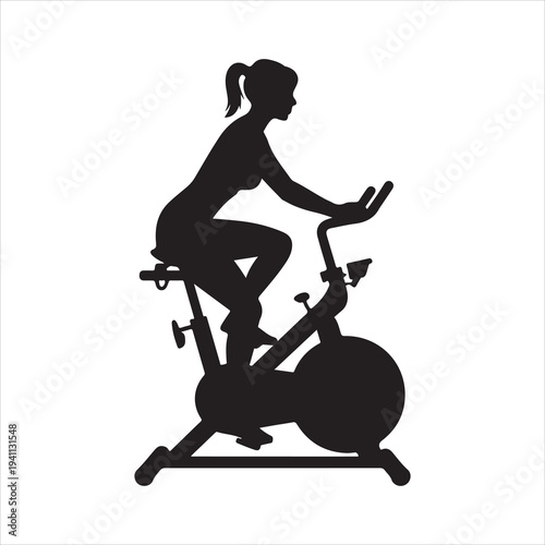Silhouette vector of a woman exercising on a stationary bike illustration on white background