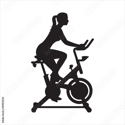 Silhouette vector of a woman exercising on a stationary bike illustration on white background
